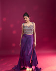 Dark Purple Ajrakh Embellished Blouse With Drape Skirt And Ruffled Dupatta