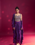 Dark Purple Ajrakh Embellished Blouse With Drape Skirt And Ruffled Dupatta