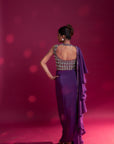 Dark Purple Ajrakh Embellished Blouse With Drape Skirt And Ruffled Dupatta