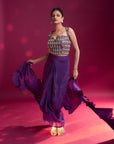 Dark Purple Ajrakh Embellished Blouse With Drape Skirt And Ruffled Dupatta