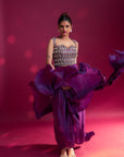 Dark Purple Ajrakh Embellished Blouse With Drape Skirt And Ruffled Dupatta