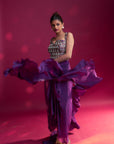Dark Purple Ajrakh Embellished Blouse With Drape Skirt And Ruffled Dupatta