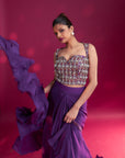 Dark Purple Ajrakh Embellished Blouse With Drape Skirt And Ruffled Dupatta