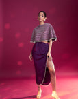Dark Purple Ajrakh Stripwork Capelet With Purple Bralette And Drape Skirt