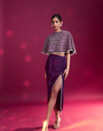 Dark Purple Ajrakh Stripwork Capelet With Purple Bralette And Drape Skirt
