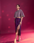 Dark Purple Ajrakh Stripwork Capelet With Purple Bralette And Drape Skirt