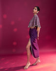 Dark Purple Ajrakh Stripwork Capelet With Purple Bralette And Drape Skirt