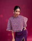 Dark Purple Ajrakh Stripwork Capelet With Purple Bralette And Drape Skirt