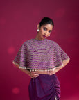 Dark Purple Ajrakh Stripwork Capelet With Purple Bralette And Drape Skirt