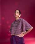 Dark Purple Ajrakh Stripwork Capelet With Purple Bralette And Drape Skirt