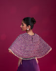 Dark Purple Ajrakh Stripwork Capelet With Purple Bralette And Drape Skirt
