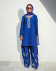 Blue Luxe Embroidered Farshi Suit Set with Dupatta
