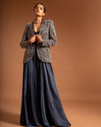 Blue Ajrakh Embellished Jacket With Blouse And Flare Pants