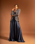 Blue Ajrakh Embellished Jacket With Blouse And Flare Pants