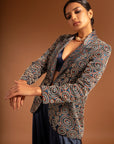 Blue Ajrakh Embellished Jacket With Blouse And Flare Pants