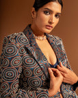 Blue Ajrakh Embellished Jacket With Blouse And Flare Pants