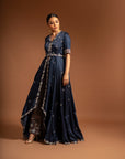 Blue Embroiderered Anarkali With Ajrakh Embellished Pants