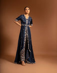 Blue Embroiderered Anarkali With Ajrakh Embellished Pants