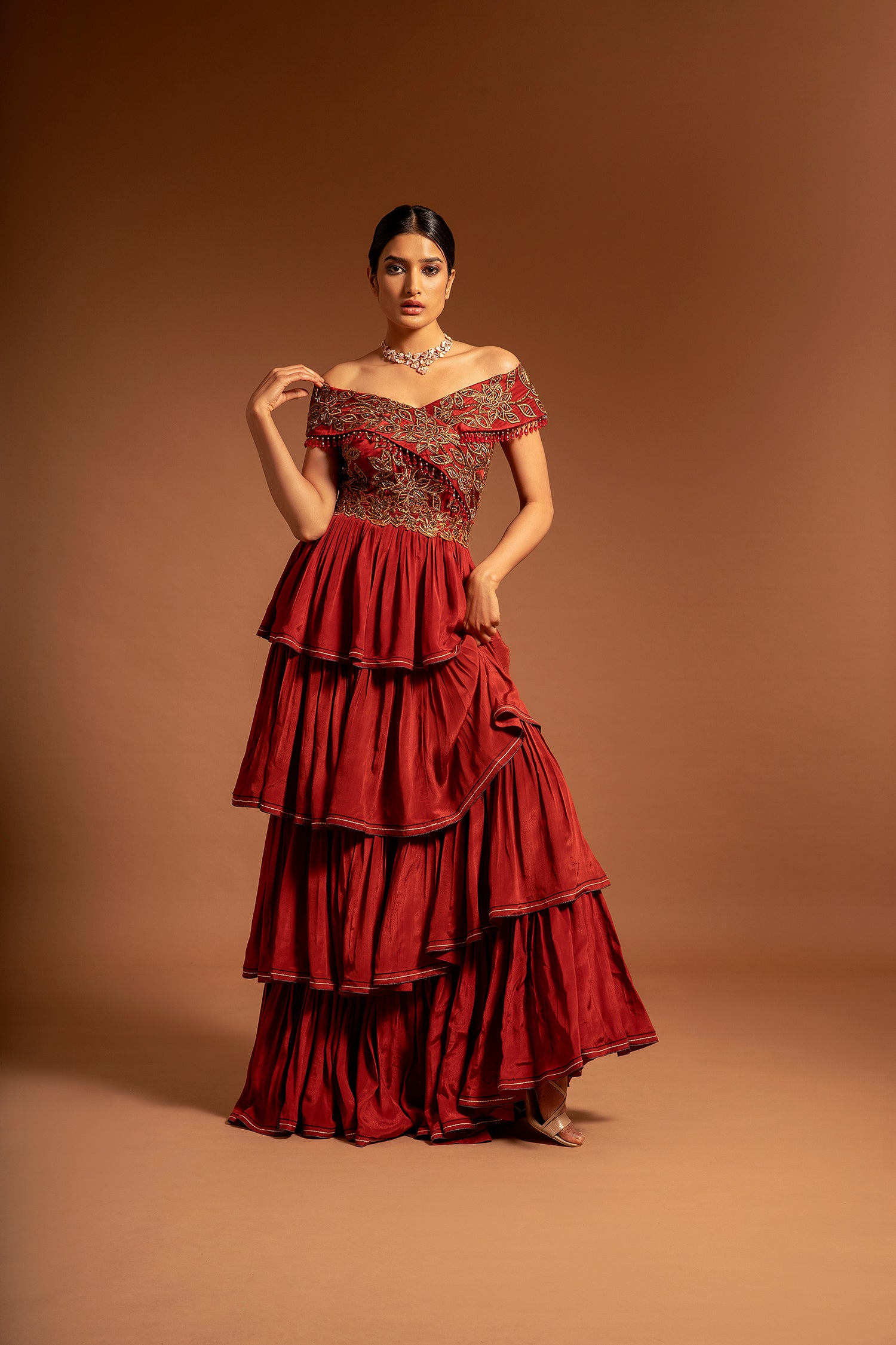 Maroon Fully Ajrakh Patchworked Layered Gown