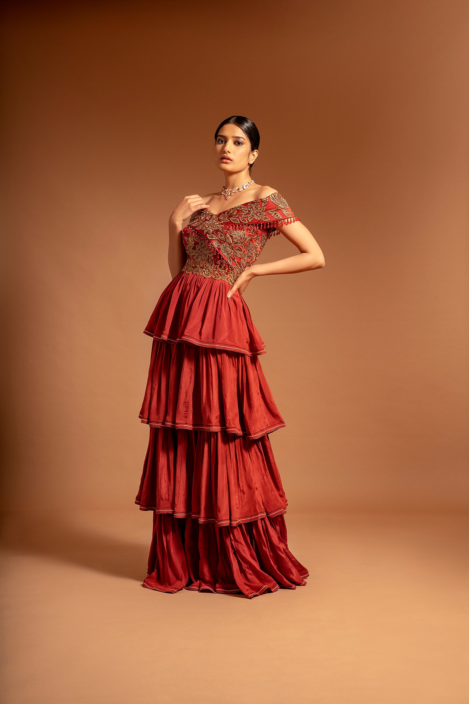 Maroon Fully Ajrakh Patchworked Layered Gown