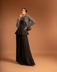 Black Fully Embroidered Jacket With Peplum Top And Pleated Pants