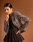 Black Fully Embroidered Jacket With Peplum Top And Pleated Pants