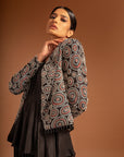 Black Fully Embroidered Jacket With Peplum Top And Pleated Pants