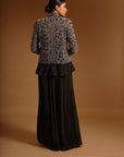 Black Fully Embroidered Jacket With Peplum Top And Pleated Pants