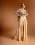 Beige Fully Handcrafted Blouse And Ajrakh Jacket With Flare Pants