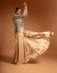 Beige Fully Handcrafted Blouse And Ajrakh Jacket With Flare Pants
