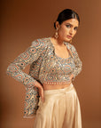 Beige Fully Handcrafted Blouse And Ajrakh Jacket With Flare Pants