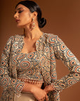 Beige Fully Handcrafted Blouse And Ajrakh Jacket With Flare Pants