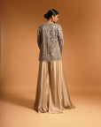 Beige Fully Handcrafted Blouse And Ajrakh Jacket With Flare Pants