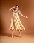 Beige Fully Embroidered Short Yoke Gathered Dress