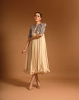 Beige Fully Embroidered Short Yoke Gathered Dress