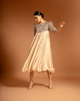 Beige Fully Embroidered Short Yoke Gathered Dress