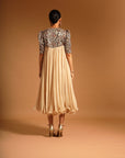 Beige Fully Embroidered Short Yoke Gathered Dress