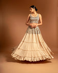 Beige Fully Embroidered Ajrakh Blouse With Tiered Lehenga And Ruffle Dupatta Set