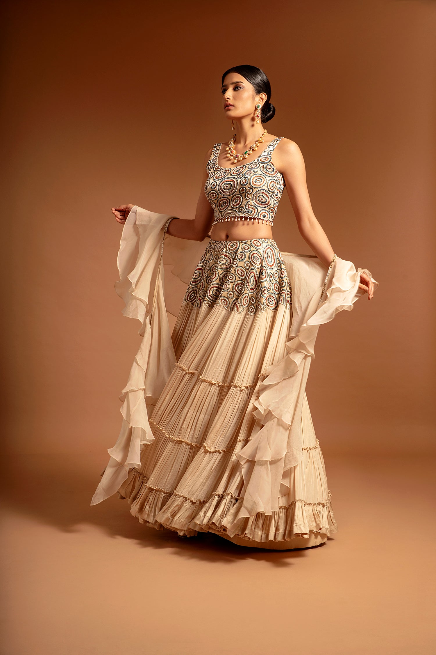 Beige Fully Embroidered Ajrakh Blouse With Tiered Lehenga And Ruffle Dupatta Set