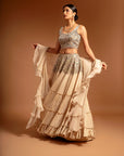 Beige Fully Embroidered Ajrakh Blouse With Tiered Lehenga And Ruffle Dupatta Set