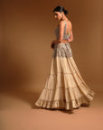 Beige Fully Embroidered Ajrakh Blouse With Tiered Lehenga And Ruffle Dupatta Set
