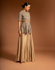 Beige Embroidered Ajrakh Peplum Jumpsuit