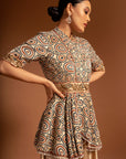 Beige Embroidered Ajrakh Peplum Jumpsuit