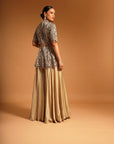 Beige Embroidered Ajrakh Peplum Jumpsuit