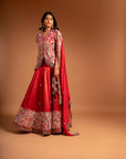 Red Fully Handcarfted Jacket With Lehenga And Cape Dupatta