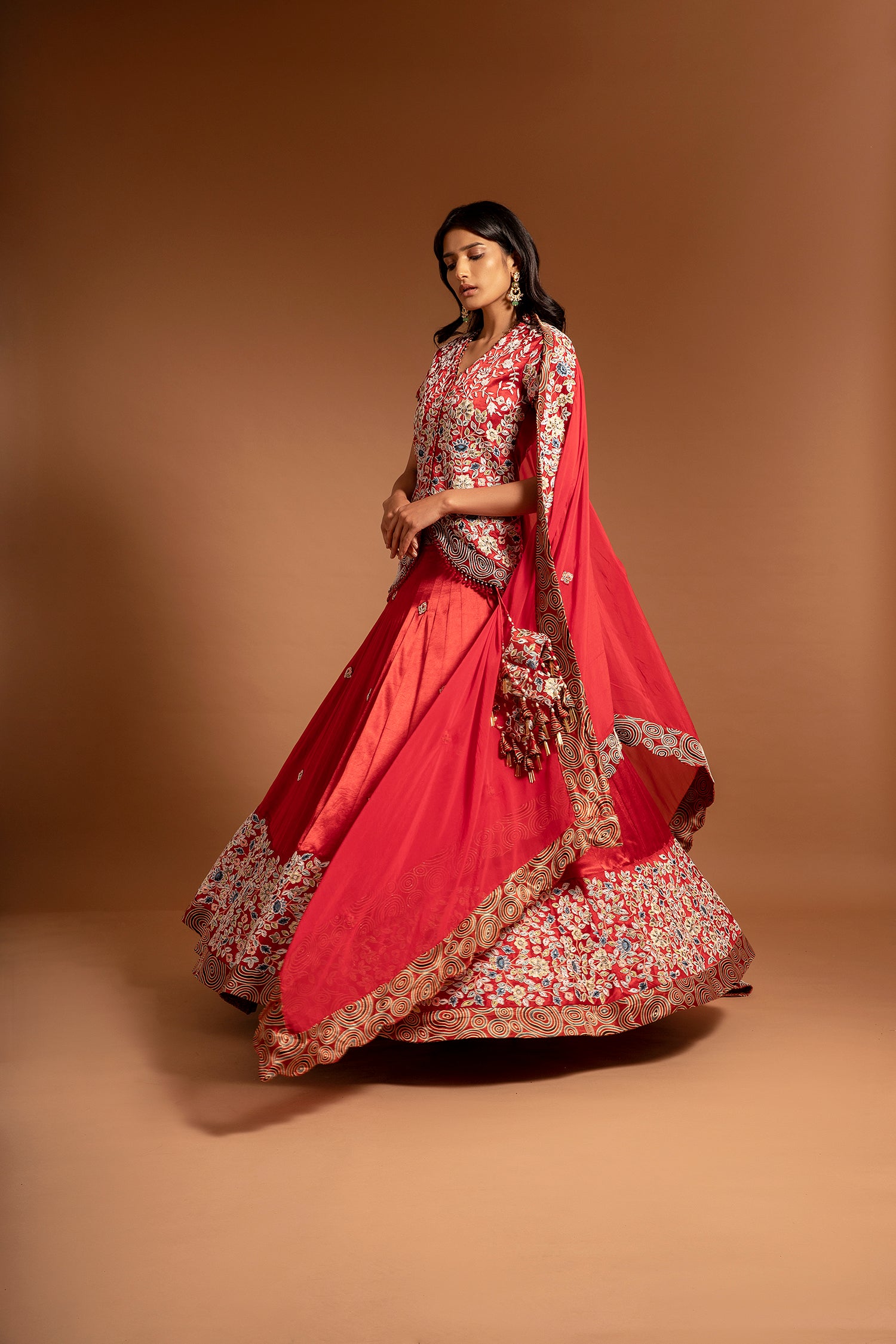Red Fully Handcarfted Jacket With Lehenga And Cape Dupatta