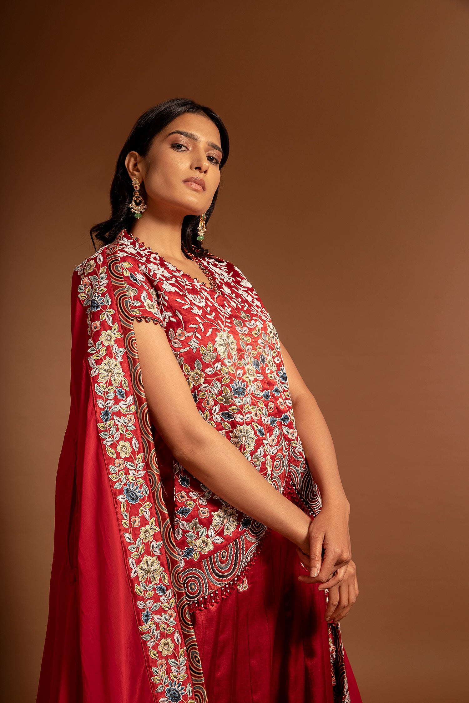 Red Fully Handcarfted Jacket With Lehenga And Cape Dupatta