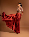 Red Ajrakh Fully Embroidered Flare Jumpsuit