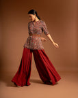 Red Embroidered Ajarkh Peplum Top With Flare Pants And Embroidered Waistbelt