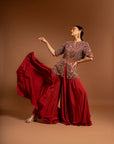 Red Embroidered Ajarkh Peplum Top With Flare Pants And Embroidered Waistbelt